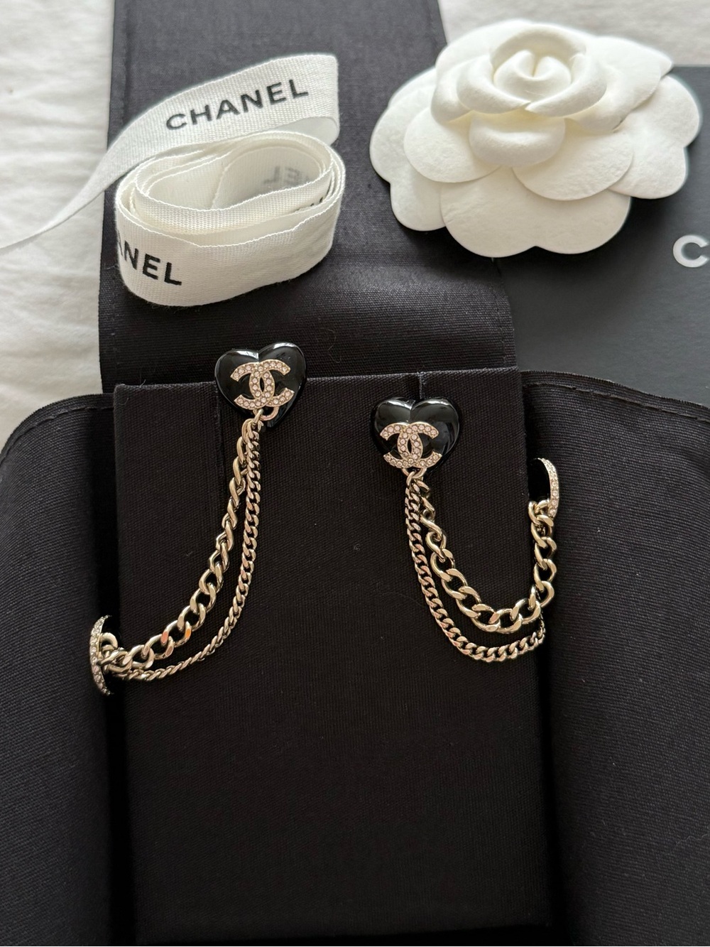 CHANEL Black Heart CC Crystal Champagne Gold Double Chain Ear Cuff Earrings